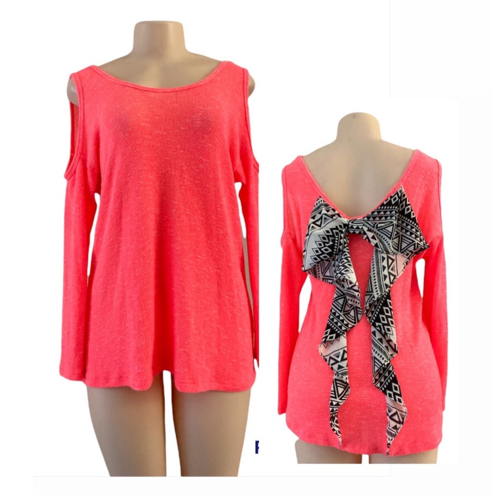 Daytrip pink coral cold shoulder back bow long sleeve top!
